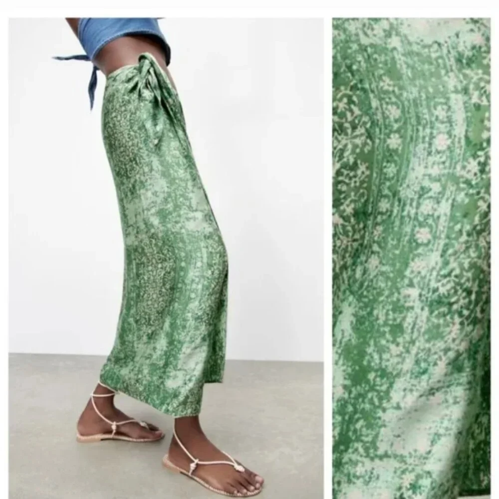 Zara Green Printed Wrap Style Midi Skirt with Beaded Waistband - SZ XL - Picture 3 of 7
